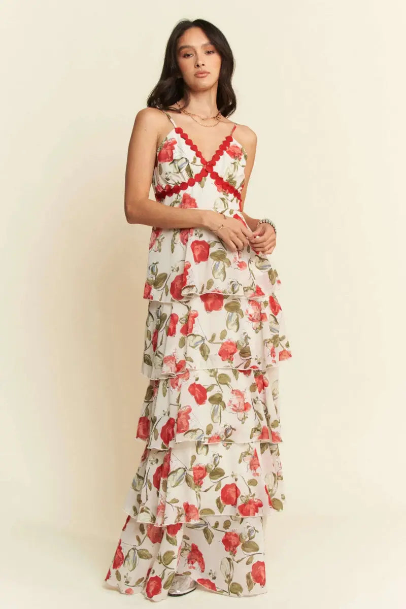 Davi & Dani Contrast Ring Lace Layered Ruffle Maxi Dress - Love Salve